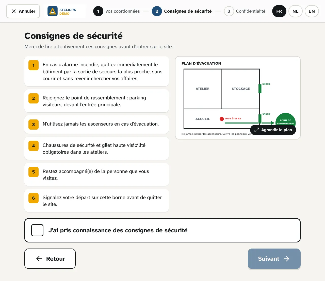 Écran des consignes de sécurité avec le plan d'évacuation et la case à cocher de prise de connaissance