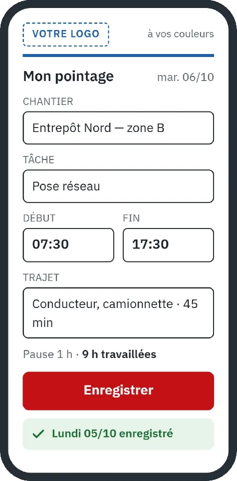 Écran de pointage WTTA sur téléphone, avec le chantier, la tâche, les horaires et le trajet